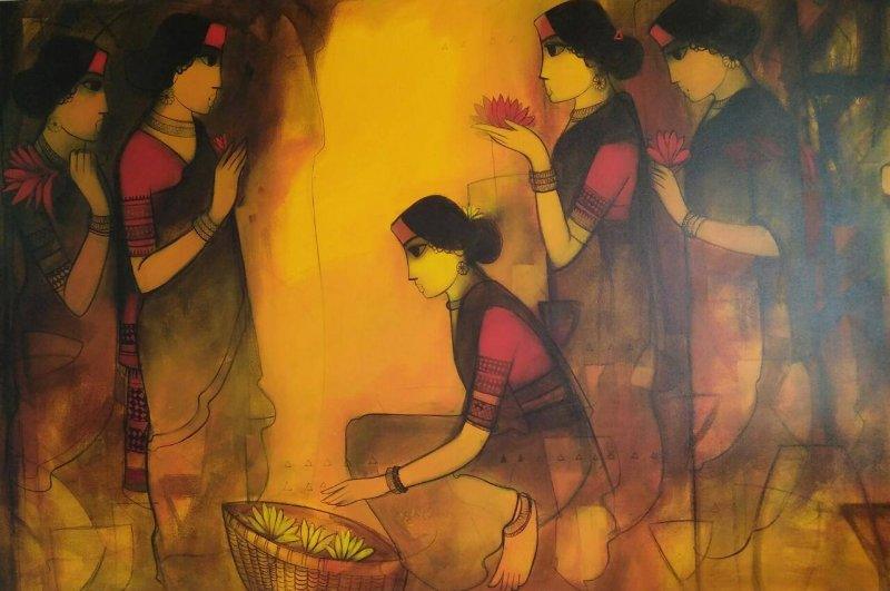 Figurative acrylic painting titled 'Untitled', 48x72 inches, by artist Sachin Sagare on Canvas
