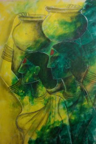 contemporary mixed media painting titled 'Untitled', 20x30 inches, by artist Janaki Injety on Canvas Board