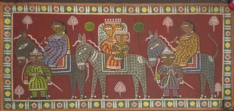 Figurative tempera painting titled 'Untitled', 68x35 inches, by artist Jamini Roy on Jute