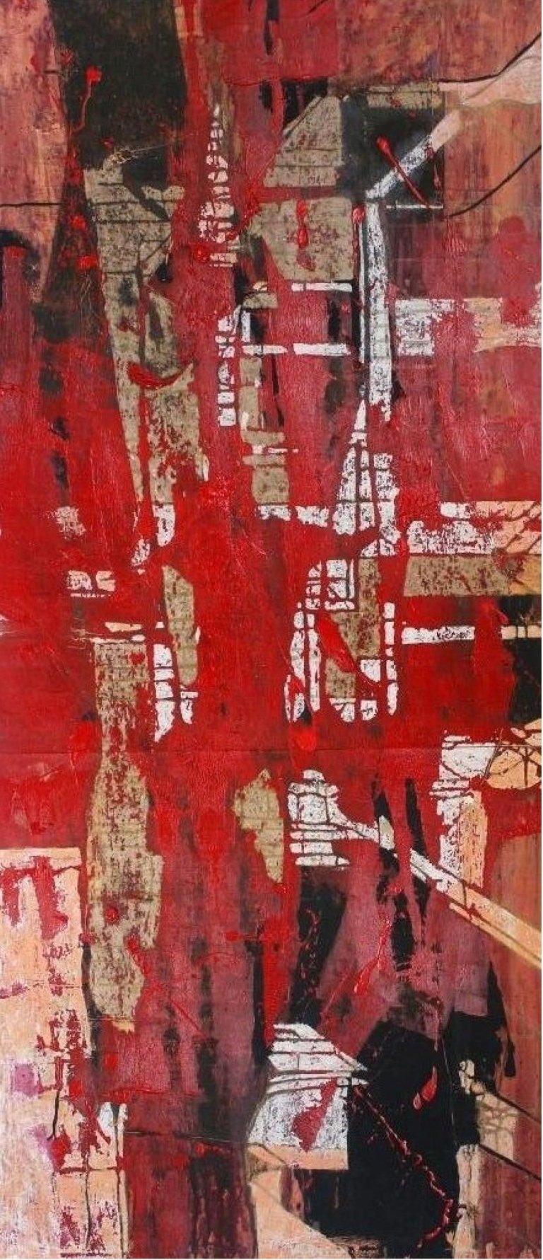 Abstract mixed media painting titled 'Untitled', 72x32 inches, by artist Kashinath Jadhav on Paper