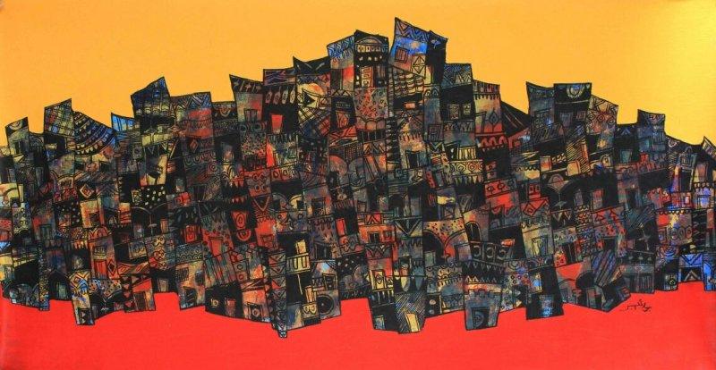 Abstract acrylic painting titled 'Untitled', 24x48 inches, by artist Rama Krishna V on Canvas