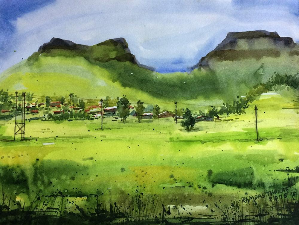 Landscape watercolor painting titled 'Untitled', 14x18 inches, by artist Ramdas Thorat on Paper