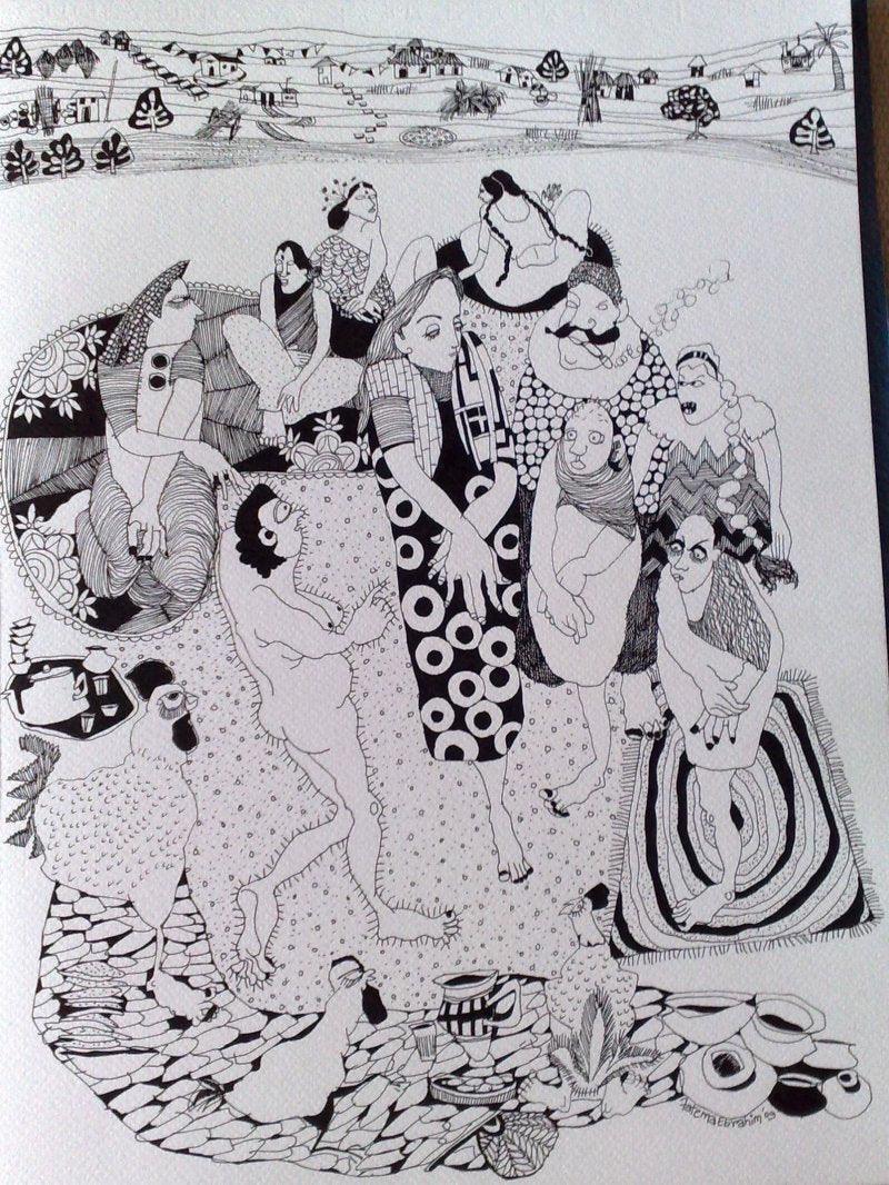 Figurative pen drawing titled 'Untitled', 16x12 inches, by artist Fatema Lodhger on Paper