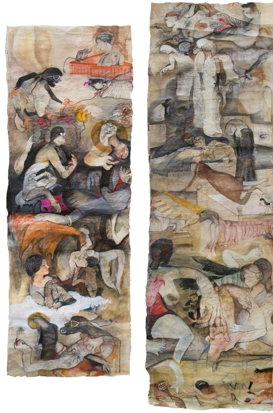 Figurative mixed media painting titled 'Untitled', 69x18 inches, by artist Susmita Chowdhury on Mixedmedia