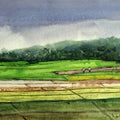 Landscape watercolor painting titled 'Untitled', 14x28 inches, by artist Ramdas Thorat on Paper