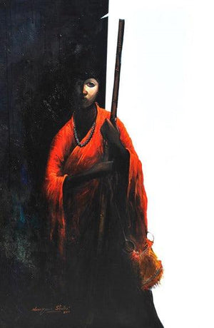Untitled Iii (Echoes of the Road: A Minstrels Journey) by Narayan Shelke, Original Acrylic Figurative Painting on Canvas, Large Vertical Wall Art