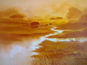 Untitled Iv (Amber Serenity: A Landscape in Gold) by Narayan Shelke, Original Oil Nature Painting on Canvas, Large Horizontal Wall Art