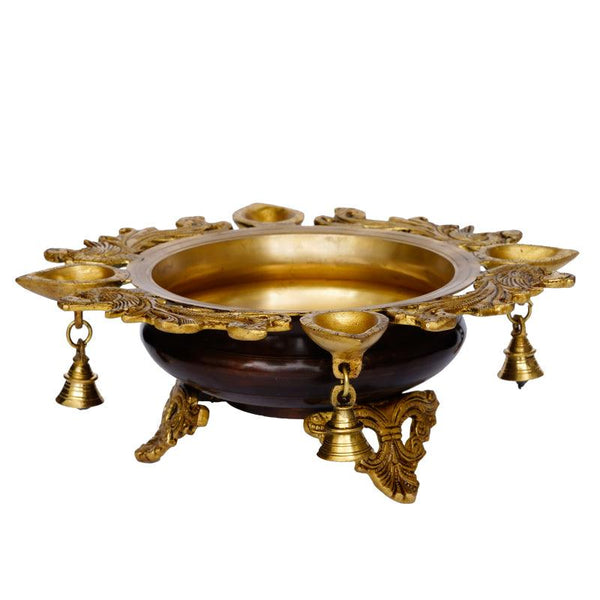 Urli With 4 Diya Wicks And Bells Handicraft by Brass Handicrafts | ArtZolo.com