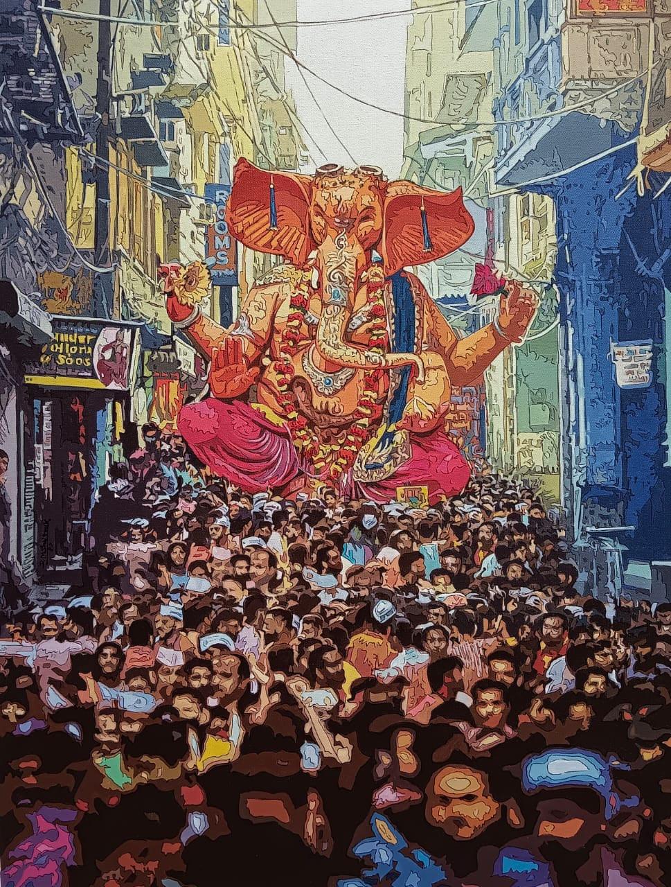 Religious acrylic painting titled 'Vakratunda', 32x24 inches, by artist Dinesh Shrimali on Canvas