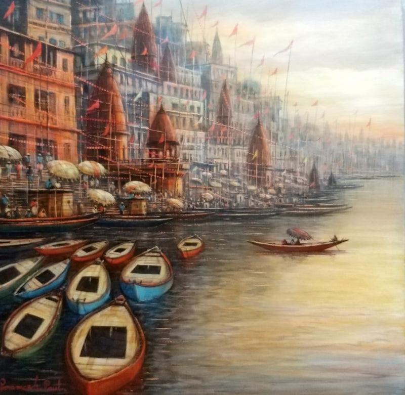 Religious acrylic painting titled 'Varanasi 11', 24x24 inches, by artist Paramesh Paul on Canvas