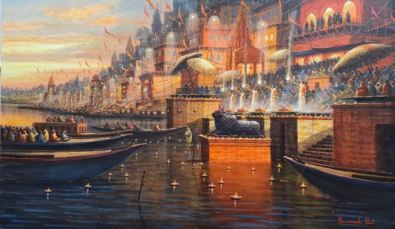 Religious acrylic painting titled 'Varanasi 12', 36x60 inches, by artist Paramesh Paul on Canvas