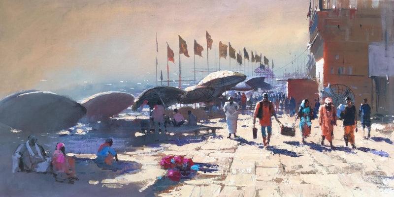 Cityscape acrylic painting titled 'Varanasi 2', 20x36 inches, by artist Bijay Biswaal on Canvas