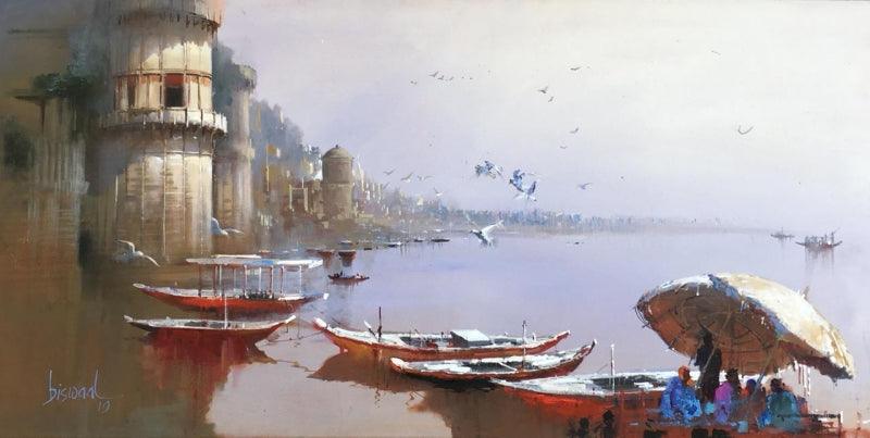 Cityscape acrylic painting titled 'Varanasi 3', 20x36 inches, by artist Bijay Biswaal on Canvas