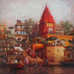 Religious acrylic painting titled 'Varanasi 3', 36x36 inches, by artist Iruvan Karunakaran on Canvas