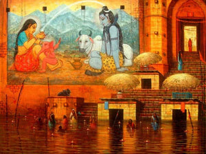 Cityscape acrylic painting titled 'Varanasi 4', 36x48 inches, by artist Paramesh Paul on Canvas
