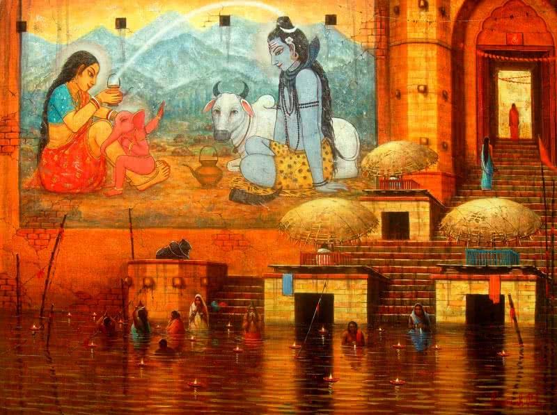Cityscape acrylic painting titled 'Varanasi 4', 36x48 inches, by artist Paramesh Paul on Canvas