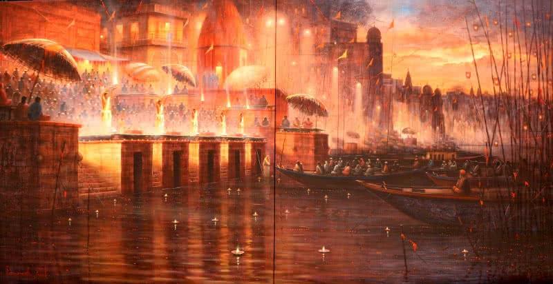 Cityscape acrylic painting titled 'Varanasi 5', 48x96 inches, by artist Paramesh Paul on Canvas