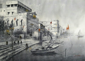 Cityscape watercolor painting titled 'Varanasi', 22x30 inches, by artist Atul Gendle on Paper