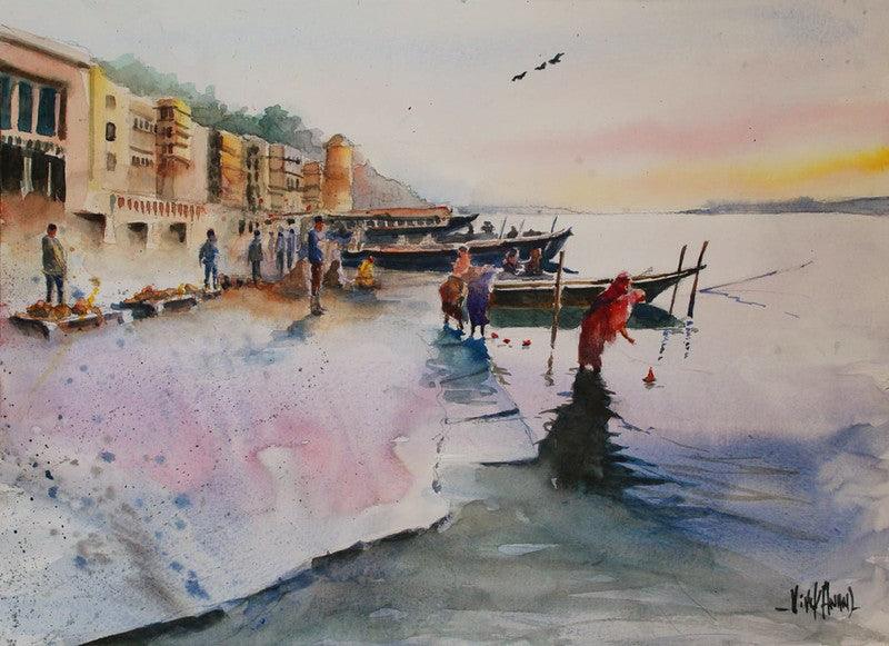 Landscape watercolor painting titled 'Varanasi', 15x11 inches, by artist Vivekanand Viswam on Paper