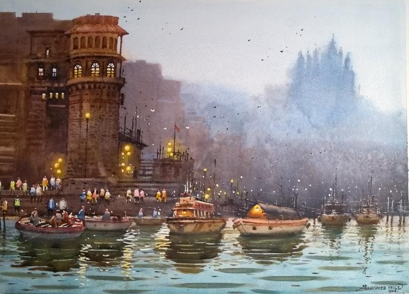 Cityscape watercolor painting titled 'Varanasi Ghat', 22x30 inches, by artist NanaSaheb Yeole on Paper