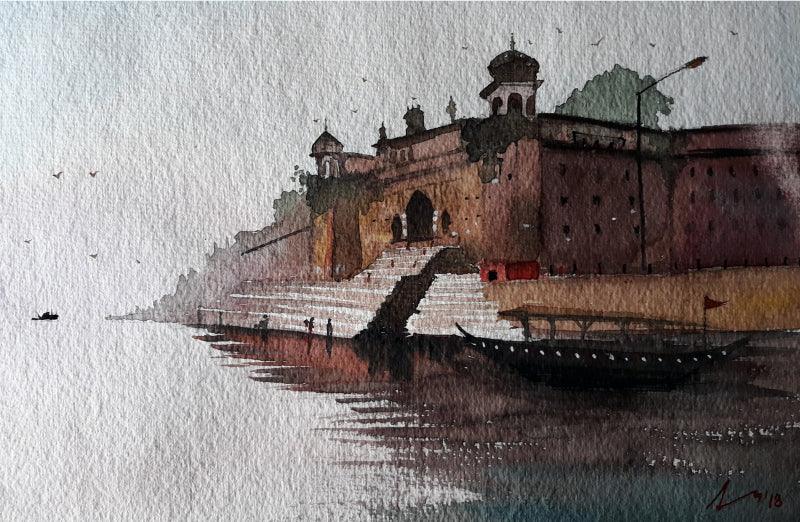 Religious watercolor painting titled 'Varanasi Ghat', 8x11 inches, by artist Arunava Ray on Paper