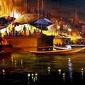 Cityscape acrylic painting titled 'Varanasi Ghat at Night', 30x36 inches, by artist Samiran Sarkar on Canvas