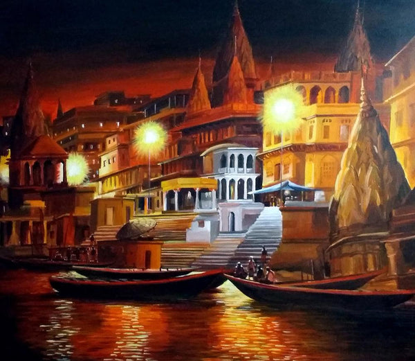 Varanasi Ghat At Night Painting by Samiran Sarkar | ArtZolo.com