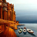 Cityscape acrylic painting titled 'Varanasi Ghat at Night', 30x36 inches, by artist Samiran Sarkar on Canvas