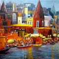 Cityscape acrylic painting titled 'Varanasi Ghat at Night', 30x36 inches, by artist Samiran Sarkar on Canvas