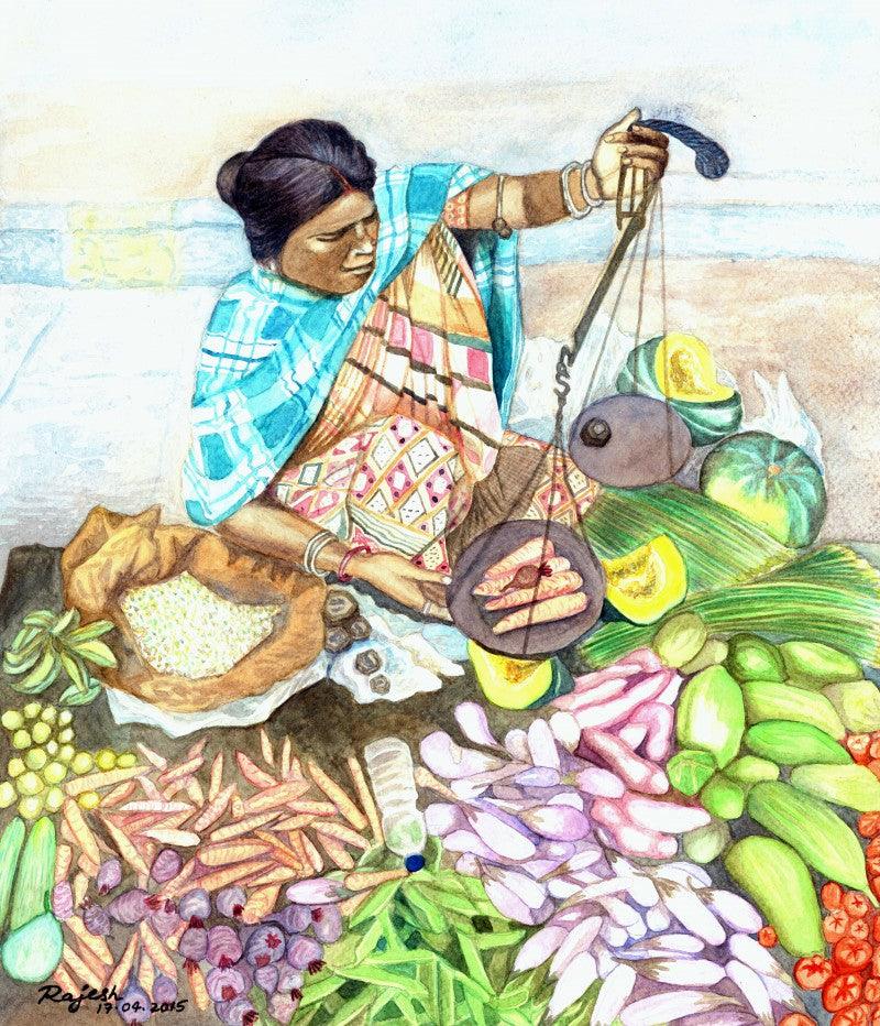 Figurative watercolor painting titled 'Vegetable Vendor', 13x12 inches, by artist Guru Rajesh on Paper