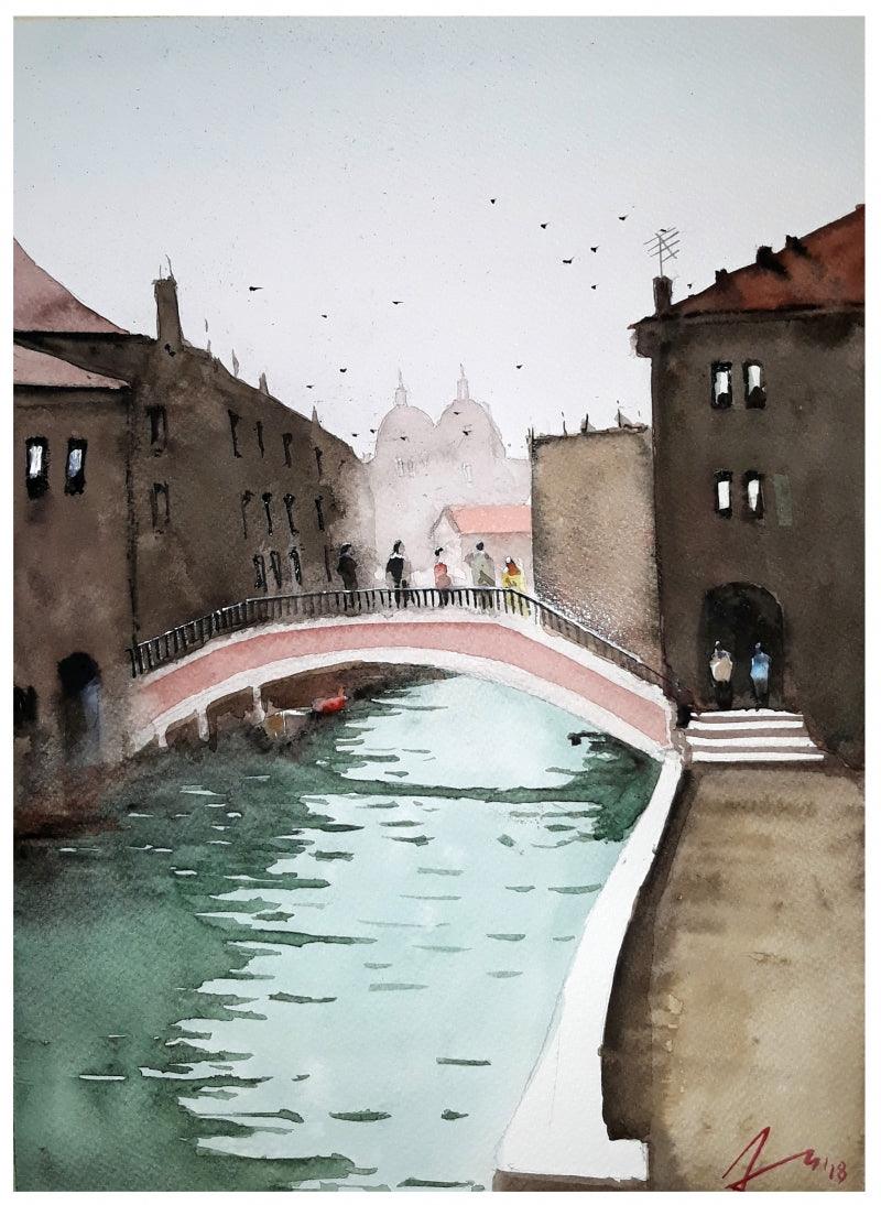 Cityscape watercolor painting titled 'Venice Canal Italy', 11x7 inches, by artist Arunava Ray on Paper
