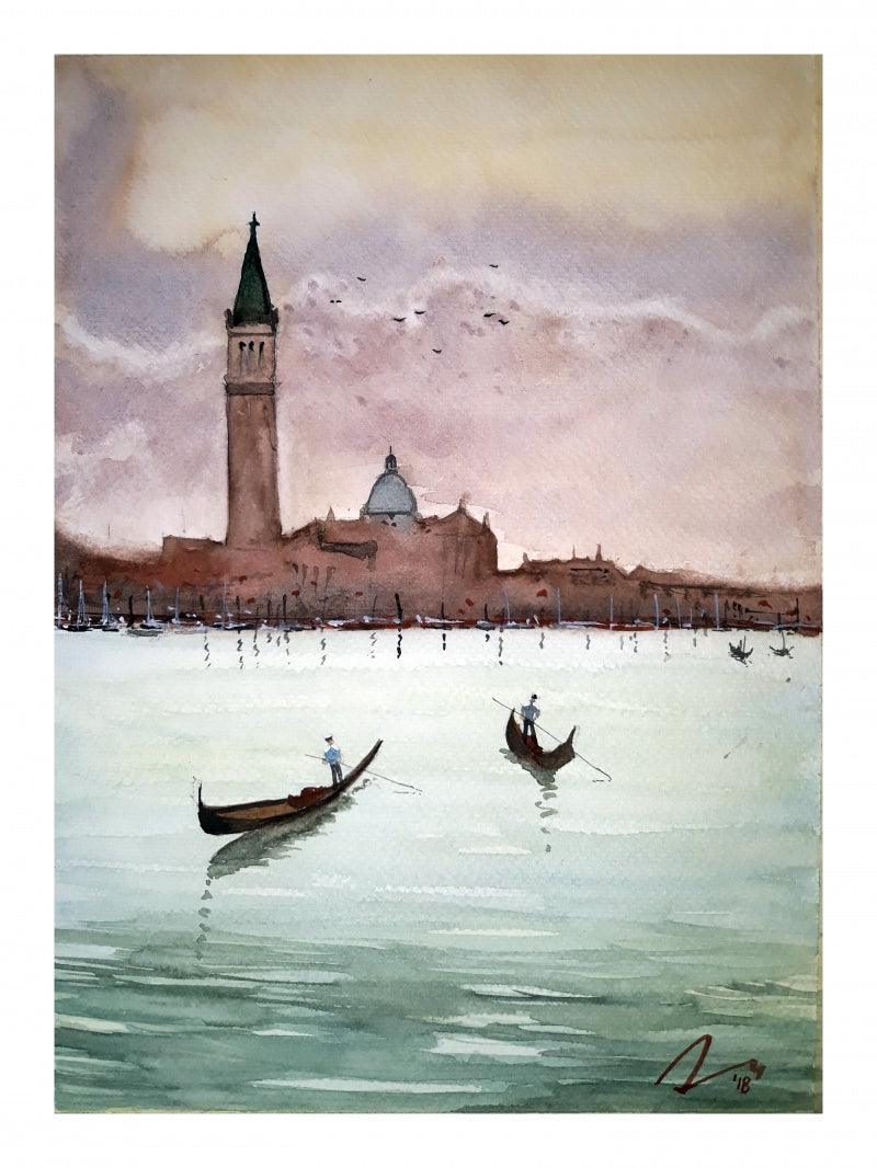 Cityscape watercolor painting titled 'Venice Italy', 7x11 inches, by artist Arunava Ray on Paper