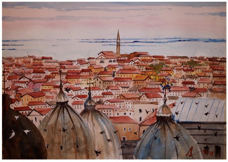 Cityscape watercolor painting titled 'Venice Italy', 7x11 inches, by artist Arunava Ray on Paper