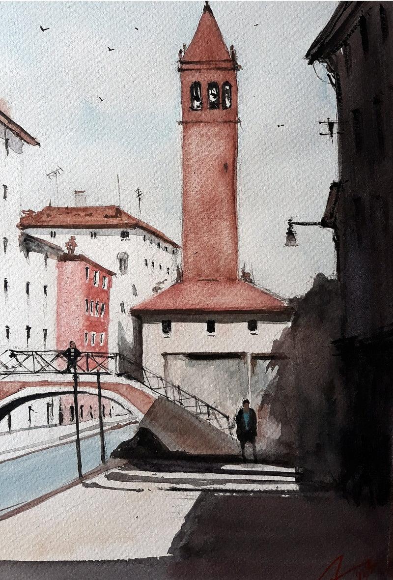 Cityscape watercolor painting titled 'Venice Italy', 11x8 inches, by artist Arunava Ray on Paper