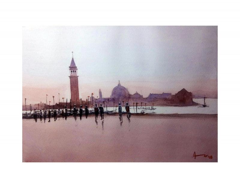 Cityscape watercolor painting titled 'Venice Italy', 7x11 inches, by artist Arunava Ray on Paper