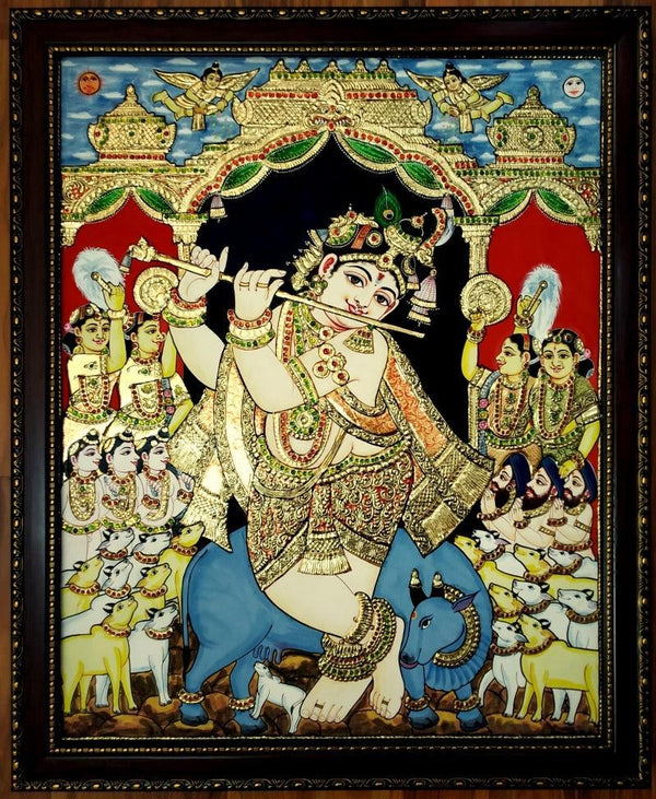 Venugopal Flute Krishna With Cows Tanjor Traditional Art by Vani Vijay | ArtZolo.com