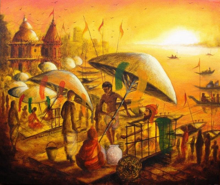 Vibrant Ghats Of Varanasi 9 Painting by Anirban Seth | ArtZolo.com