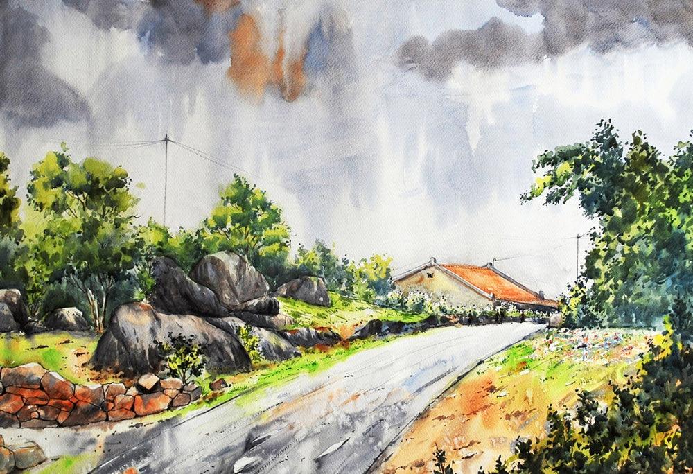 Landscape watercolor painting titled 'Village 1', 30x40 inches, by artist Ramdas Thorat on Paper