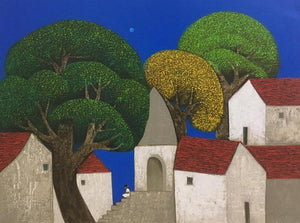 Cityscape acrylic painting titled 'Village 14', 36x48 inches, by artist Nagesh Ghodke on Canvas