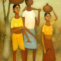 Figurative oil painting titled 'Village 2', 48x36 inches, by artist Mohan Naik on Canvas