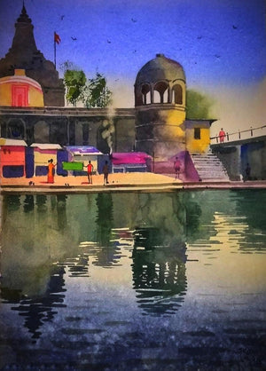 Village 3 (Temple on the Ghats) by Sohel Sayyad, Original Watercolor Nature Painting on Paper, Small Vertical Wall Art