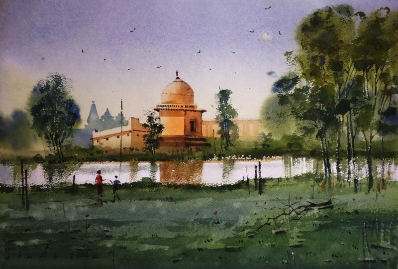 Nature watercolor painting titled 'Village 5', 12x16 inches, by artist Sohel Sayyad on Paper