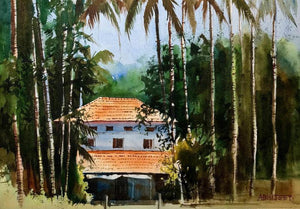 Landscape watercolor painting titled 'Village', 14x20 inches, by artist Abhijeet Bahadure on Paper