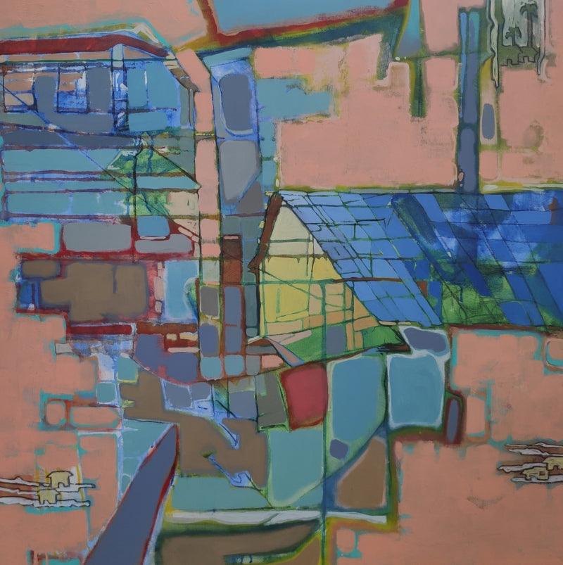 Abstract acrylic painting titled 'Village', 36x36 inches, by artist Sameer Dixit on Canvas
