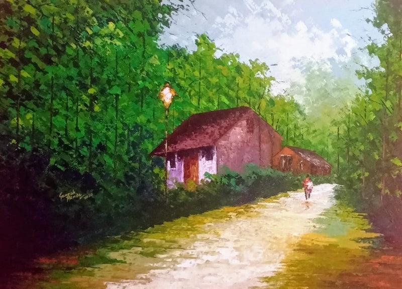 Landscape acrylic painting titled 'Village', 30x40 inches, by artist Ganesh Panda on Canvas