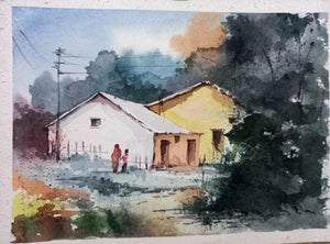 Landscape watercolor painting titled 'Village', 14x10 inches, by artist Ca Pratim Chatterjee on Paper