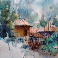 Landscape watercolor painting titled 'Village', 14x10 inches, by artist Prasanta Maiti on Paper