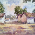 Landscape watercolor painting titled 'Village', 11x15 inches, by artist Gaurishankar Behera on Paper