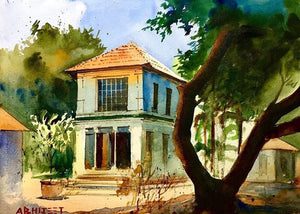 Landscape watercolor painting titled 'Village', 10x14 inches, by artist Abhijeet Bahadure on Paper