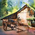 Landscape watercolor painting titled 'Village Countryside Cart', 14x20 inches, by artist Abhijeet Bahadure on Paper
